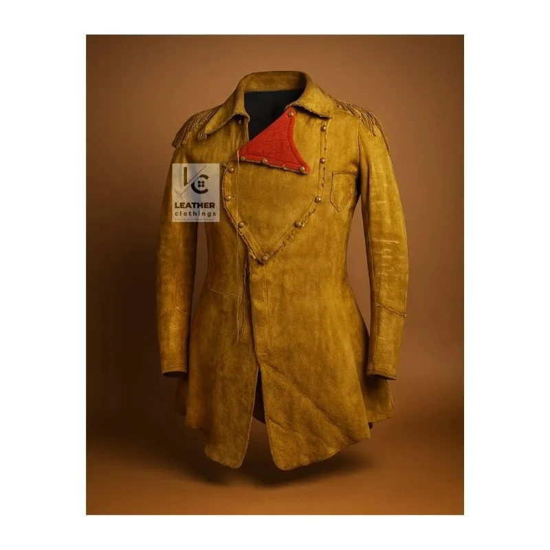 Men’s yellow buckskin cavalry fringe shirt coat with shoulder fringe detailing