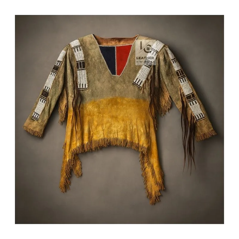 Men's Canyon Spirit Beaded Suede Fringe Shirt with geometric beadwork and long leather fringe