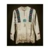 Men's natural buckskin beaded war shirt with turquoise medallion and horsehair accents