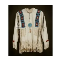 Men's natural buckskin beaded war shirt with turquoise medallion and horsehair accents