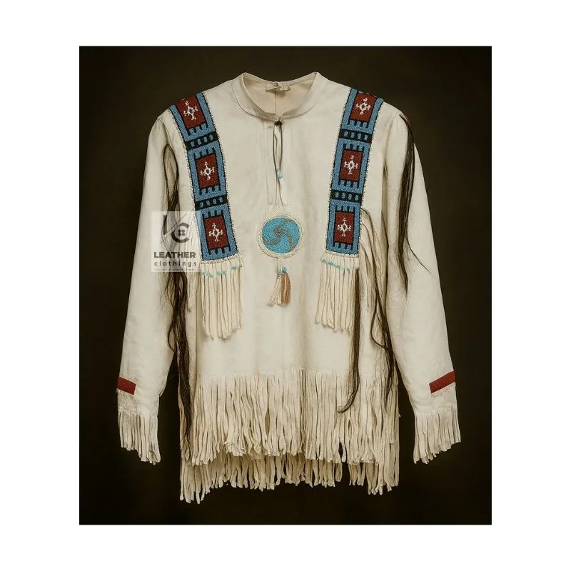 Men's natural buckskin beaded war shirt with turquoise medallion and horsehair accents