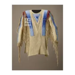 Men's Blue Arrow Powwow Style Beaded Buckskin Fringe Shirt in tan suede with blue geometric panels and long fringe