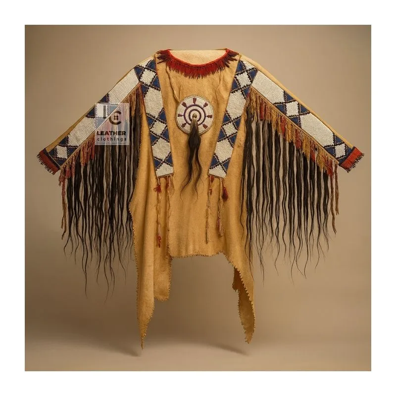 Man wearing brown suede western fringe shirt with beaded detailing and long fringe accents