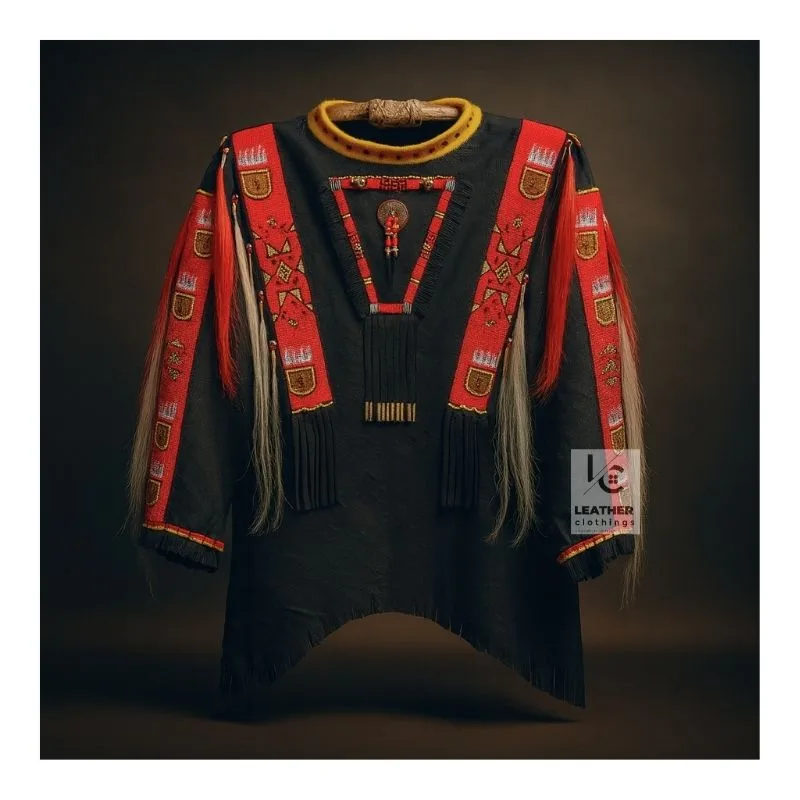 Men's Raven Ridge Beaded Suede Fringe Shirt with red geometric beadwork and leather fringe