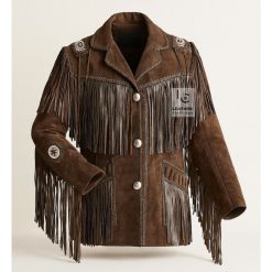 Stylish Men Dark Brown Suede Jacket With Fringes Beads MSWJ103DB