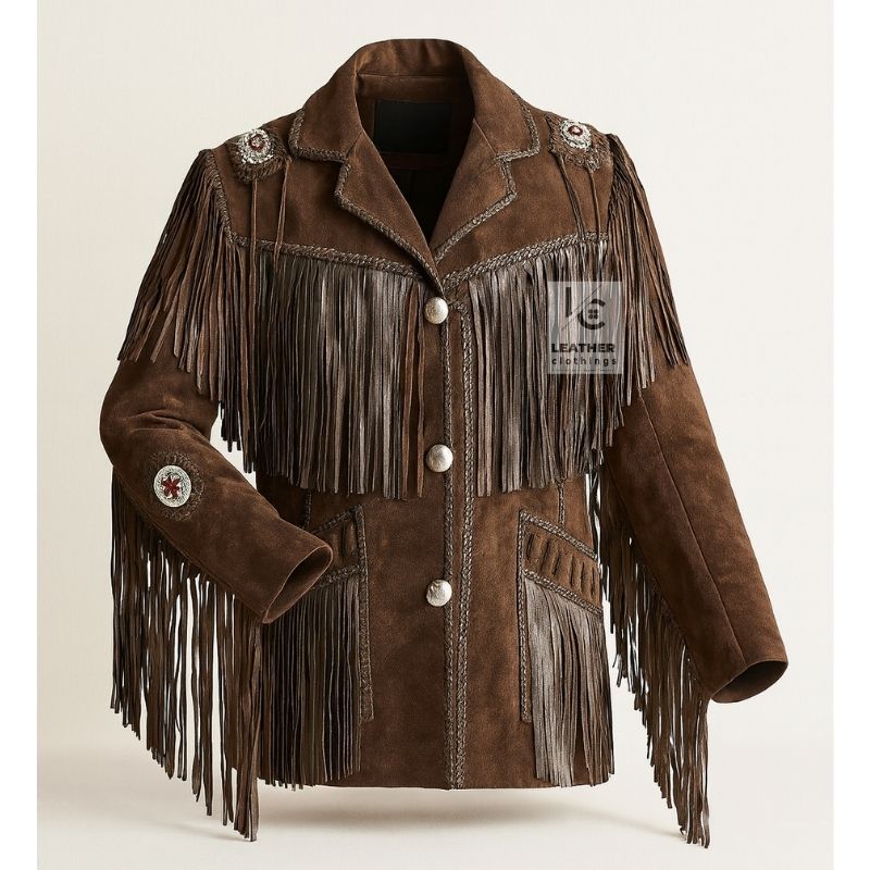 Stylish Men Dark Brown Suede Jacket With Fringes Beads MSWJ103DB