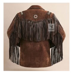 Stylish Men Dark Brown Suede Jacket With Fringes Beads MSWJ103DB