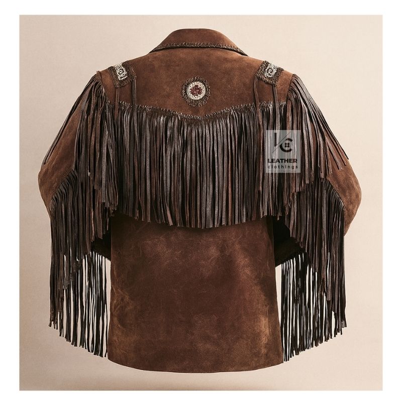 Stylish Men Dark Brown Suede Jacket With Fringes Beads MSWJ103DB