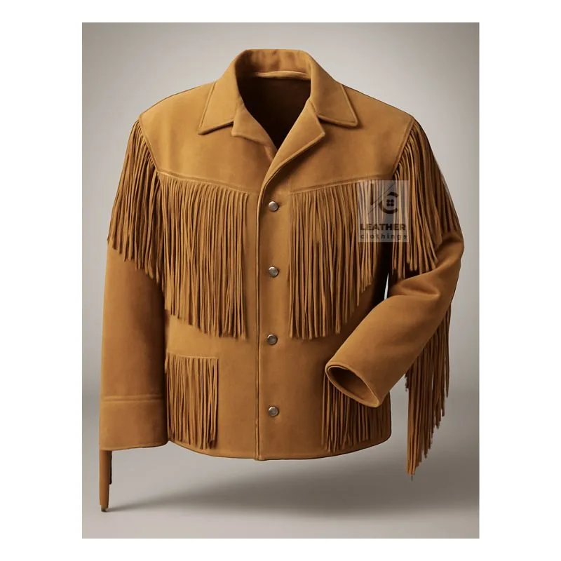 Men’s brown suede cowboy fringe jacket with snap button closure