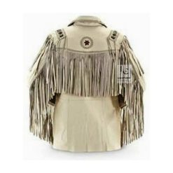 White Fringe Suede Jacket For Men - Beaded Fringe Jacket MFJ10