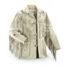 Men’s off-white leather Western fringe jacket with beaded accents