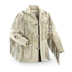 White Fringe Suede Jacket For Men - Beaded Fringe Jacket MFJ10