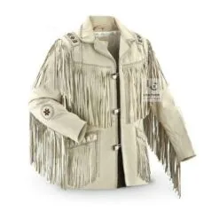 Men’s off-white leather Western fringe jacket with beaded accents