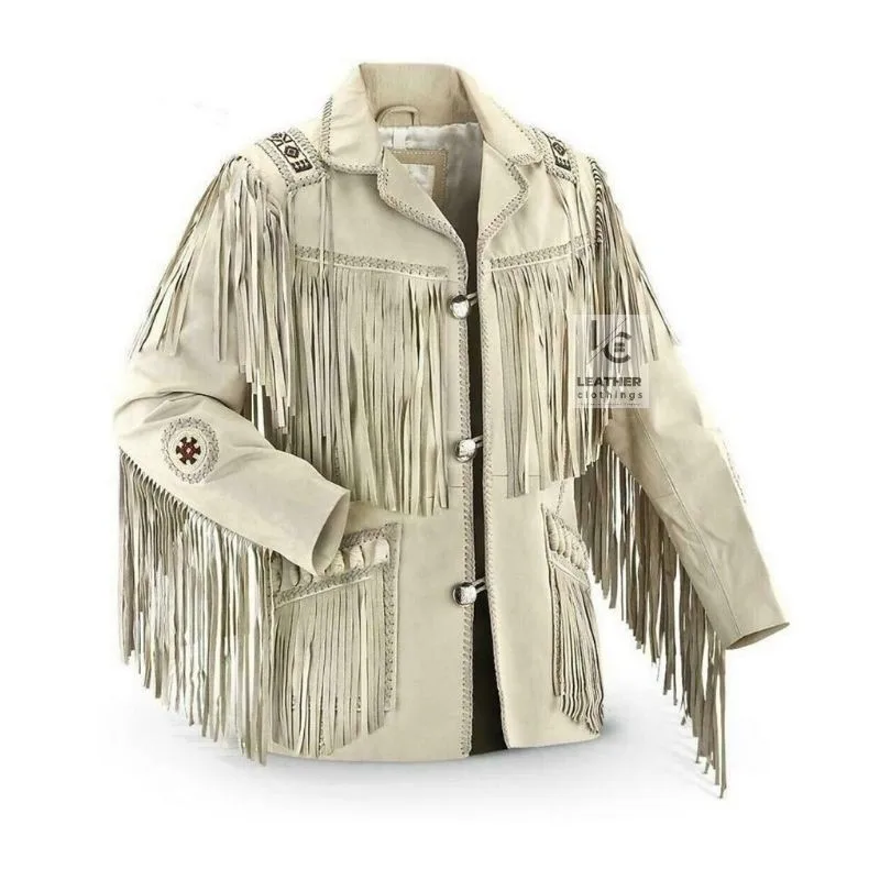 Men’s off-white leather Western fringe jacket with beaded accents