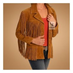 Veste femme en daim marron à franges – Style western cowgirl élégant en cuir véritable