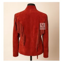 Women Red Suede Jacket With Fringes and Bones WSMJ6