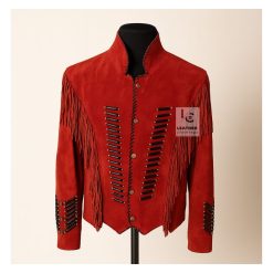 Women Red Suede Jacket With Fringes and Bones WSMJ6
