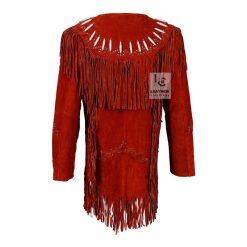 Women’s Cowgirl Western Red Suede Jacket With Fringes, Bones & Rivets WSJ1