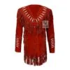 Women’s red suede bone detail fringe jacket with long Western fringe
