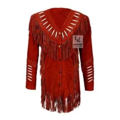 Women’s Cowgirl Western Red Suede Jacket With Fringes, Bones & Rivets WSJ1