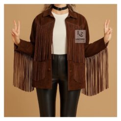 Ladies Dark Brown Western Jacket – Handmade Suede Fringe Cowgirl Outfit with Retro Tassels
