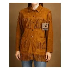 Women’s caramel brown suede fringe western jacket with front pockets