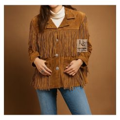 Women’s Tan Suede Fringe Western Jacket – Handmade Cowgirl Leather Coat with Long Tassels by Leather Clothings