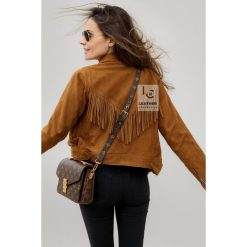 Women’s Western Cowgirl Brown Suede Short Jacket With Fringes WSJ11