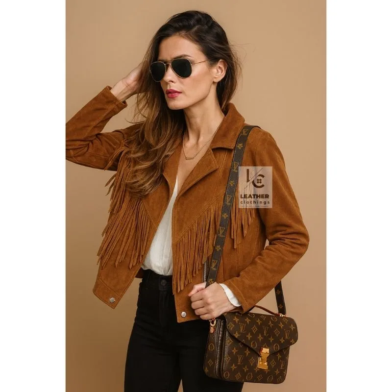 Handmade Women’s Western Jacket – Brown Suede Fringe Cowgirl Outfit for Rodeo and Country Style