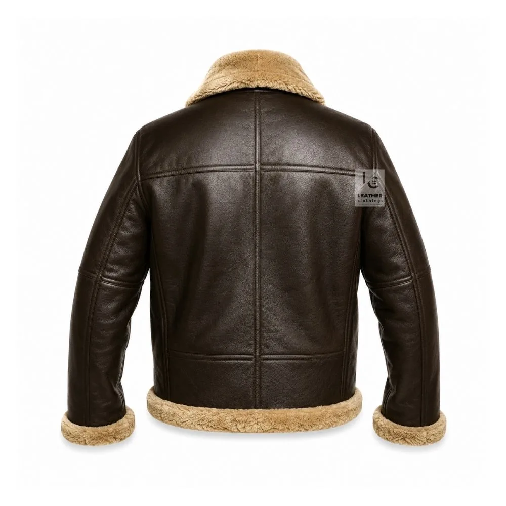 B3 mens shearling bomber jacket brown sheepskin leather back view