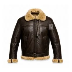 B3 Mens Shearling Bomber Jacket brown sheepskin aviator jacket front