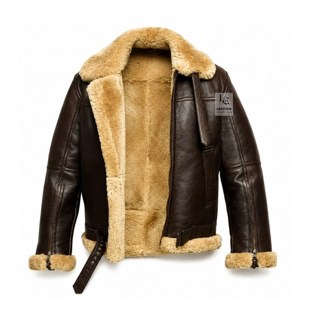 B3 Mens Shearling Bomber Jacket brown sheepskin aviator jacket front