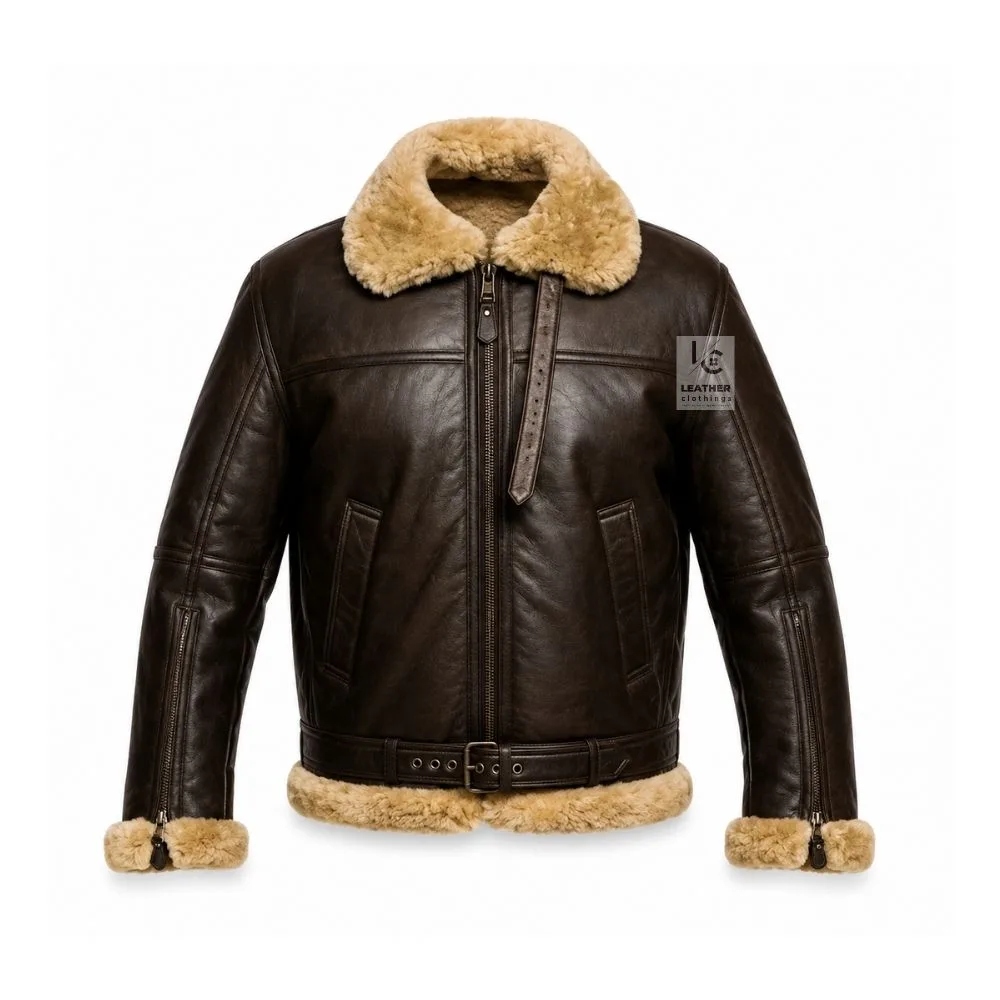 B3 Mens Shearling Bomber Jacket brown sheepskin aviator jacket front