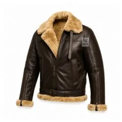 Brown B3 mens shearling bomber jacket with faux shearling lining