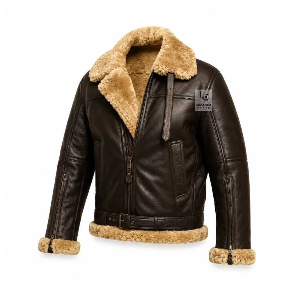 Brown B3 mens shearling bomber jacket with faux shearling lining