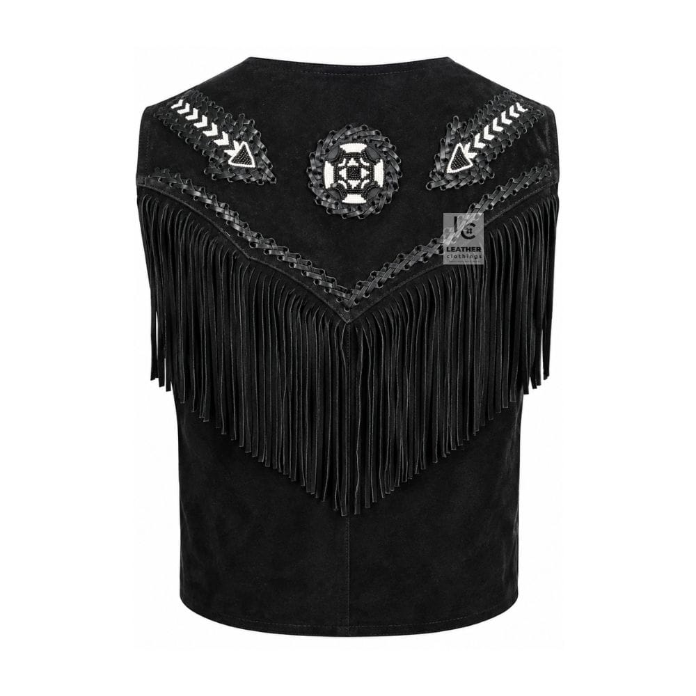 Men's Black Suede Fringe Concho Vest crafted from genuine suede leather