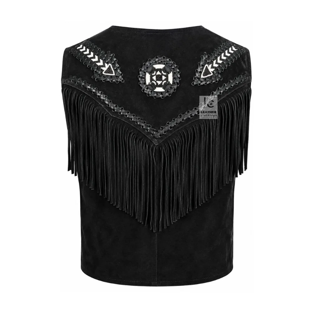 Men's Black Suede Fringe Concho Vest crafted from genuine suede leather