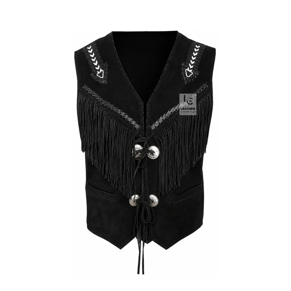 Men's Black Suede Fringe Concho Vest crafted from genuine suede leather
