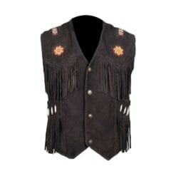 Men's Black Suede Fringe Vest with Beaded Medallions crafted from genuine suede leather