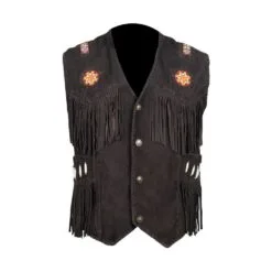 Men's Black Suede Fringe Vest with Beaded Medallions crafted from genuine suede leather