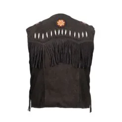 Men's Black Suede Fringe Vest with Beaded Medallions crafted from genuine suede leather Backside