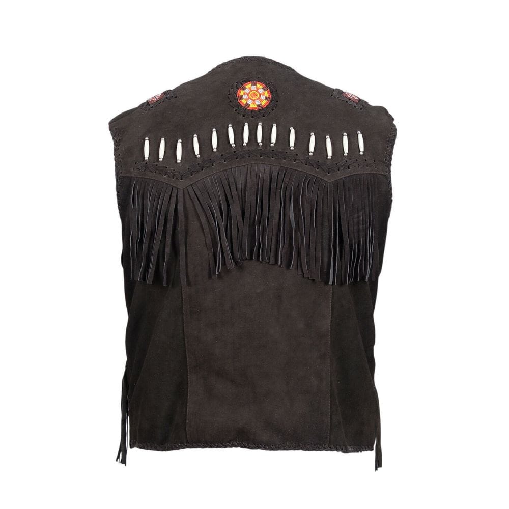 Men's Black Suede Fringe Vest with Beaded Medallions crafted from genuine suede leather Backside