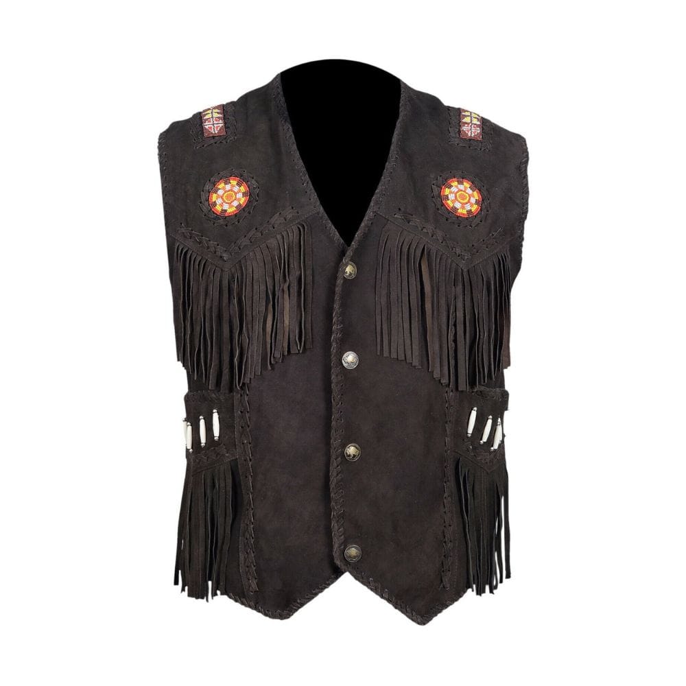 Men's Black Suede Fringe Vest with Beaded Medallions crafted from genuine suede leather