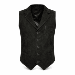 Men's Black Suede Leather Dress Vest with Notch Lapel crafted from genuine suede leather