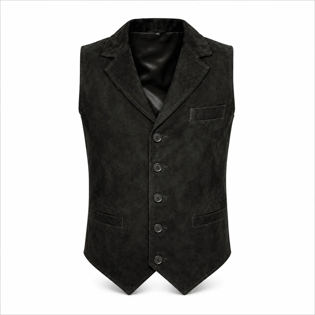Men's Black Suede Leather Dress Vest with Notch Lapel crafted from genuine suede leather
