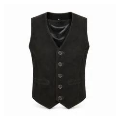 Men's Black Suede Leather V-Neck Vest crafted from genuine suede leather