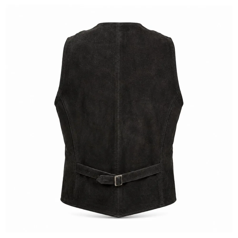 Men's Black Suede Leather V-Neck Vest crafted from genuine suede leather