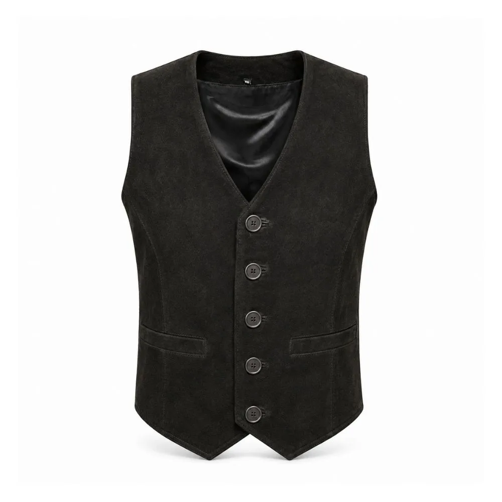 Men's Black Suede Leather V-Neck Vest crafted from genuine suede leather