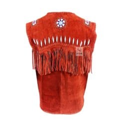 Men's Rust Red Suede Fringe Vest with Beaded Medallions crafted from genuine suede leather