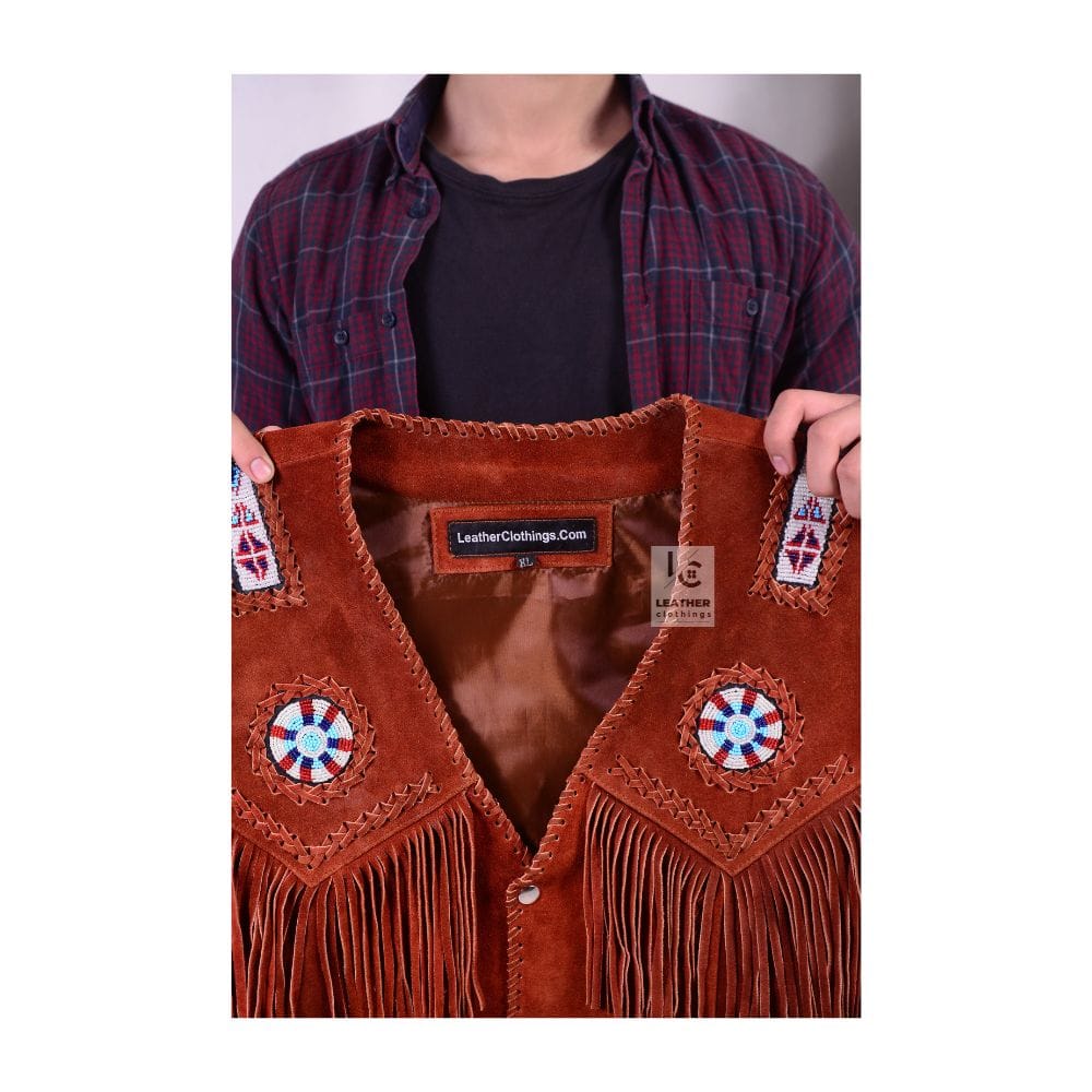 Men's Rust Red Suede Fringe Vest with Beaded Medallions crafted from genuine suede leather closeup